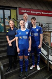 Luke Thomas and Sam Tierney launched the special edition shirts with Louise Evans (Head of Nursing at Leicester Children's Hospital) and Simon Barton (Deputy Chief Executive at UHL)